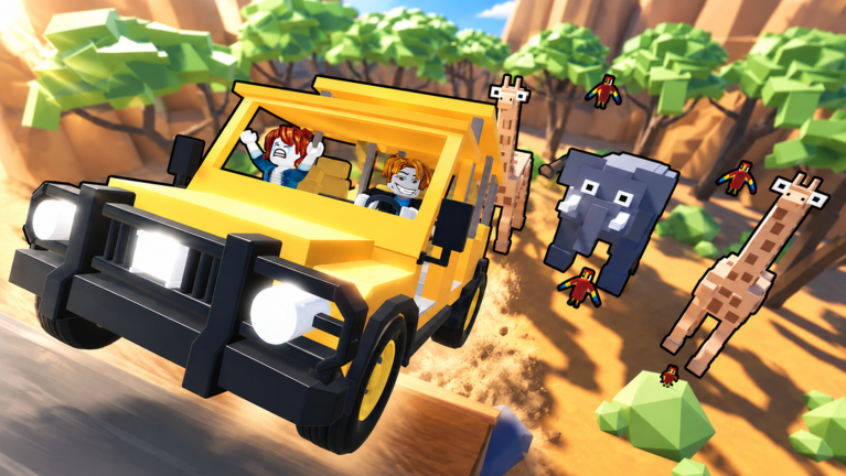 Official Film Animals thumbnail: a yellow open jeep, giraffes, an elephant, and red, yellow, and blue parrots under a blue sky.