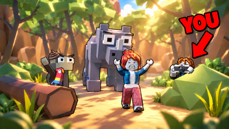 Official Film Animals thumbnail: a forest scene with a large gray hippo, a red, yellow, and blue parrot, and a player holding a camera under a red arrow labeled YOU.